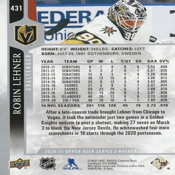 Robin Lehner - 2020/2021 Upper Deck Series 2 Hockey Card - Picture 2 of 2